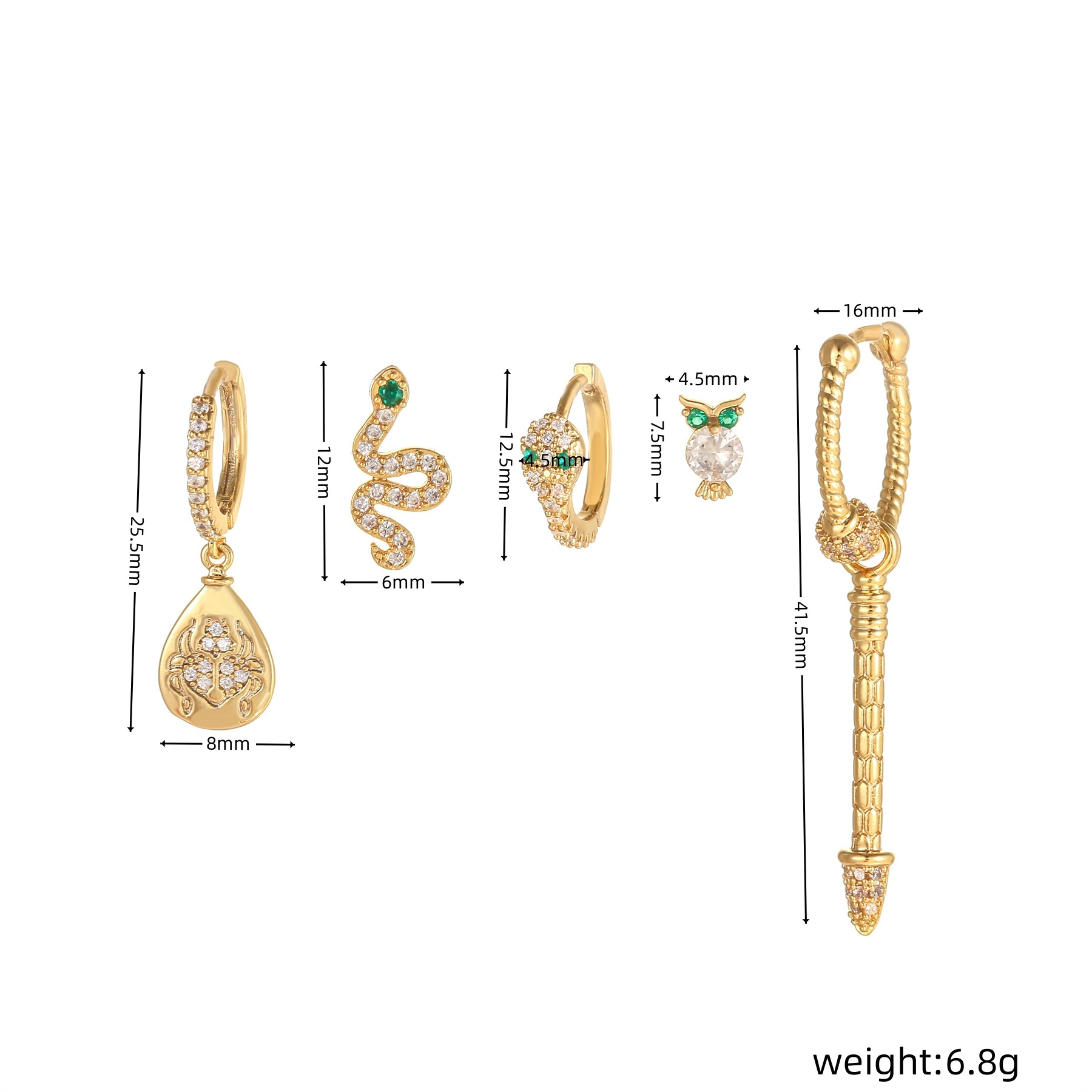 Retro Water Droplets Snake Copper Inlaid Zircon Earrings 1 Set