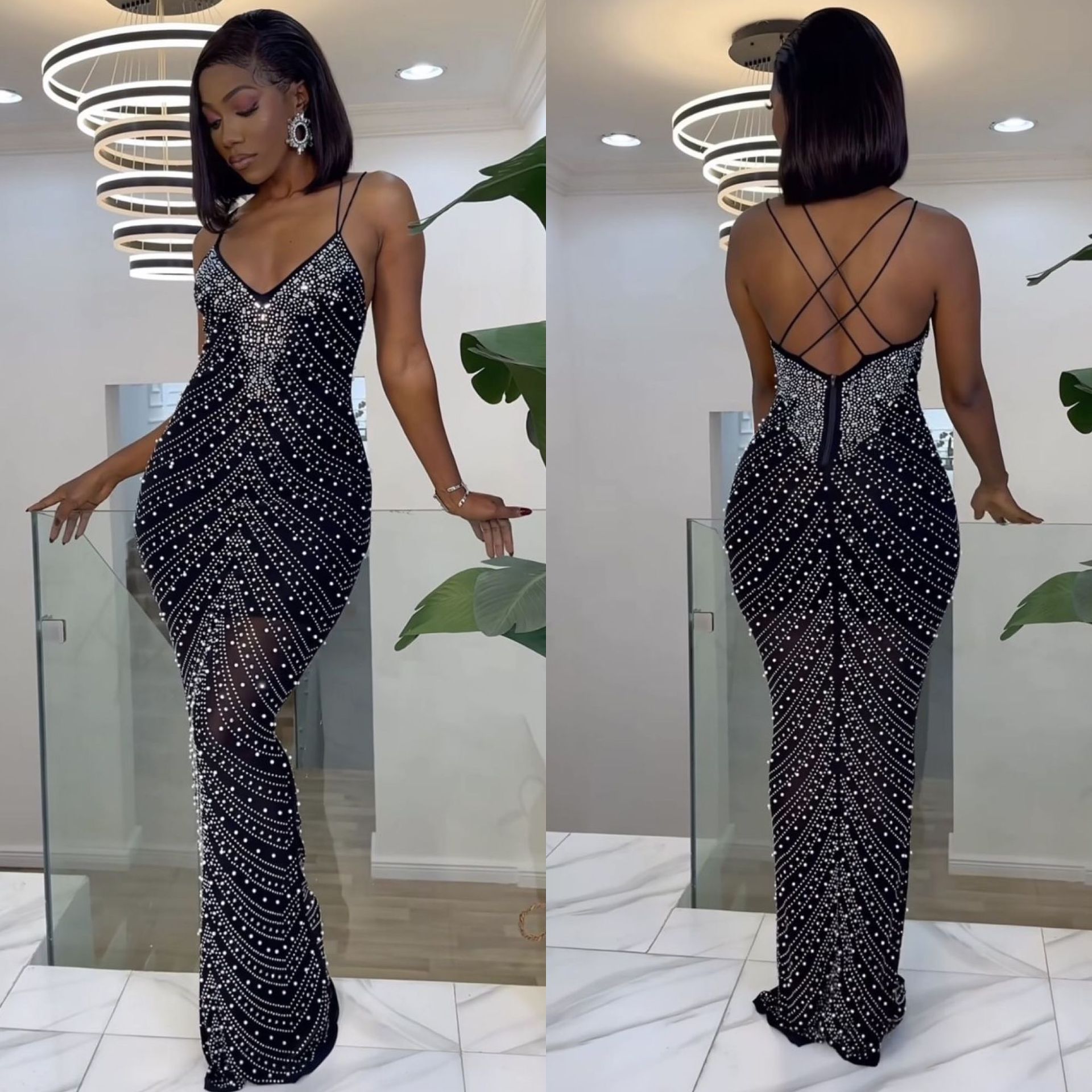 Elegant Backless Bodycon Midi Dress With Pearl Accents | Sexy Mesh & Rhinestone Strap Dress For Parties & Date Nights_ecoleips.com