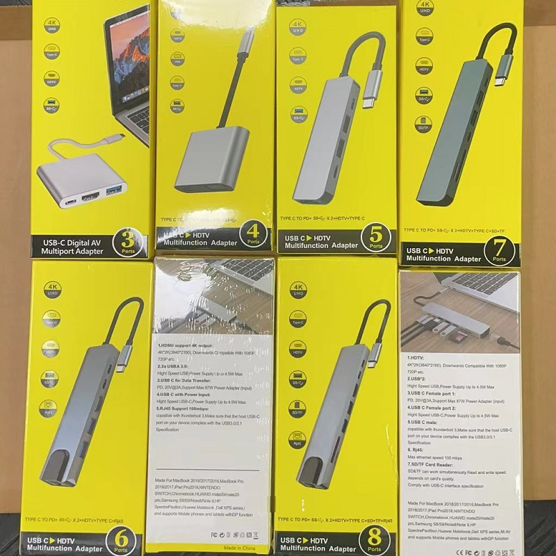 type-c 8-in -1 docking station HUB hub 8-in -1 yellow packaging series PD100W fast charging expander type-c 8-in -1 docking station HUB hub 8-in -1 yellow packaging series PD100W fast charging expander
