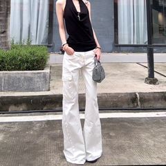 美式百搭时尚白色微喇牛仔裤女夏季新款低腰辣妹显瘦弹力拖地裤子