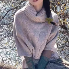 跨境高领麻花针织衫套头秋冬新款七分袖宽松慵懒斗篷毛衣女外穿潮