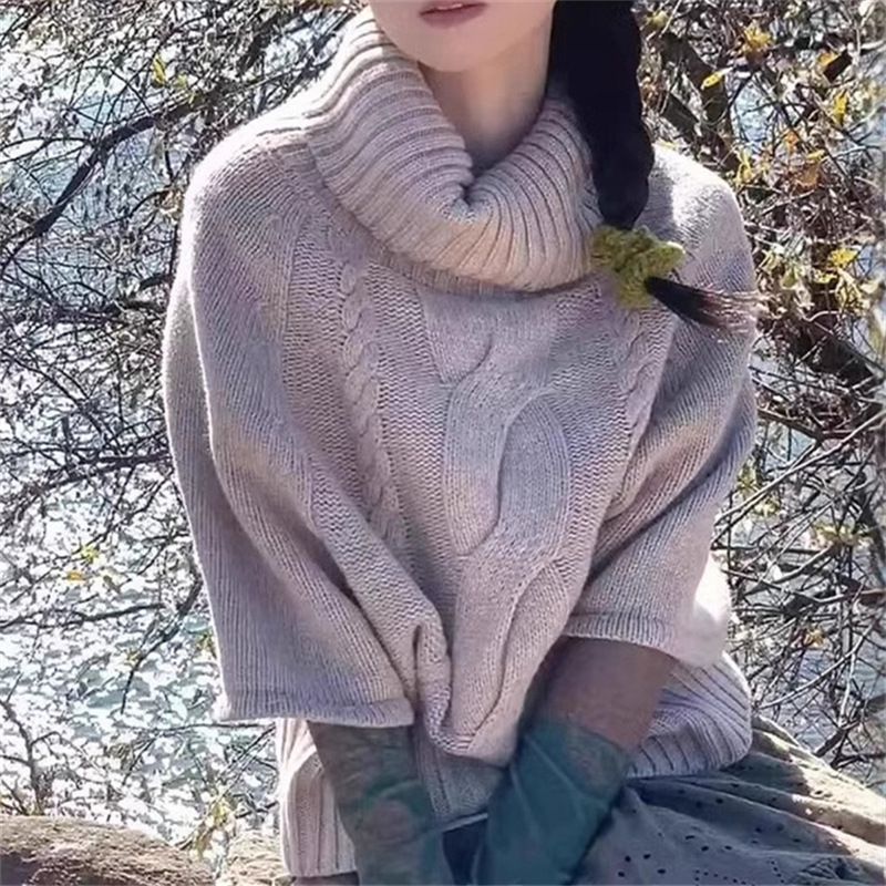 跨境高领麻花针织衫套头秋冬新款七分袖宽松慵懒斗篷毛衣女外穿潮|undefined