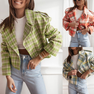 Cross-Border Export 2025 Amazon Autumn and Winter New Style Printed Fashionable British Suit Collar Plaid Woolen Outwear for Women