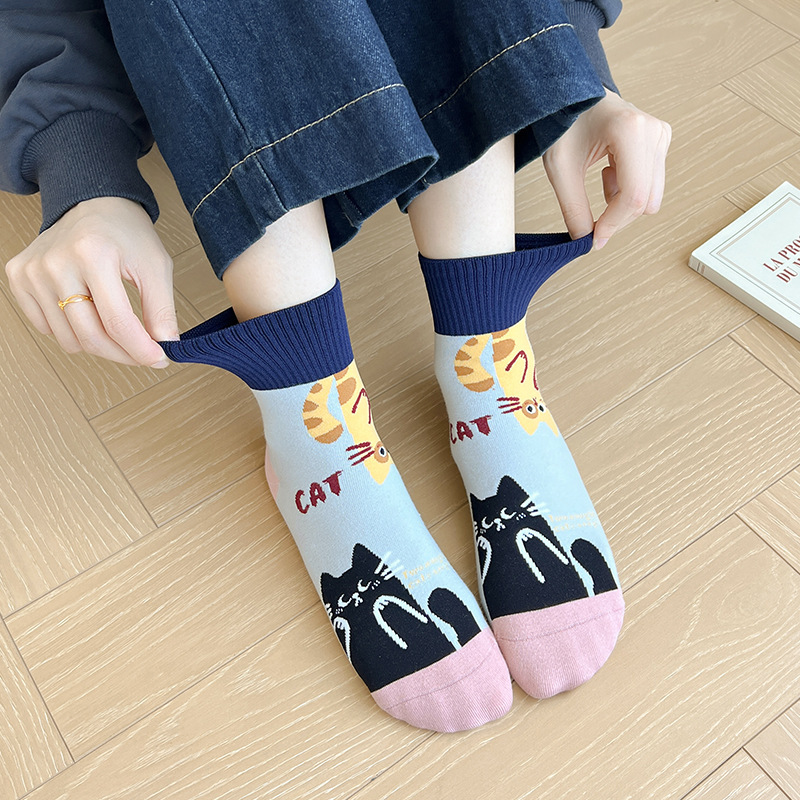 跨境袜子纯棉无骨女秋冬新款卡通黑猫系列中筒女袜子长直板袜批发|undefined