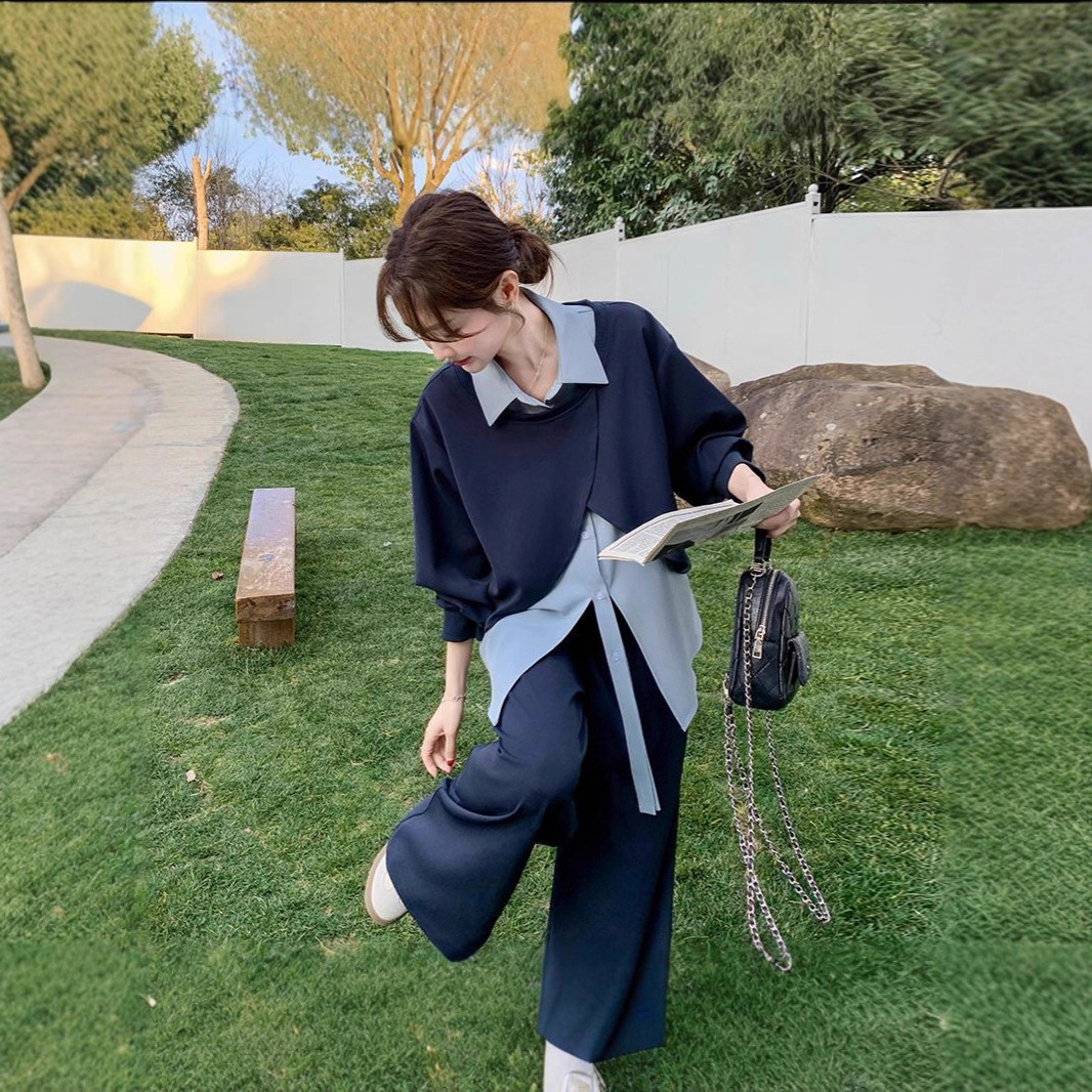 2025秋季假两件拼接卫衣套装女时尚显瘦阔腿裤两件套胖mm300斤