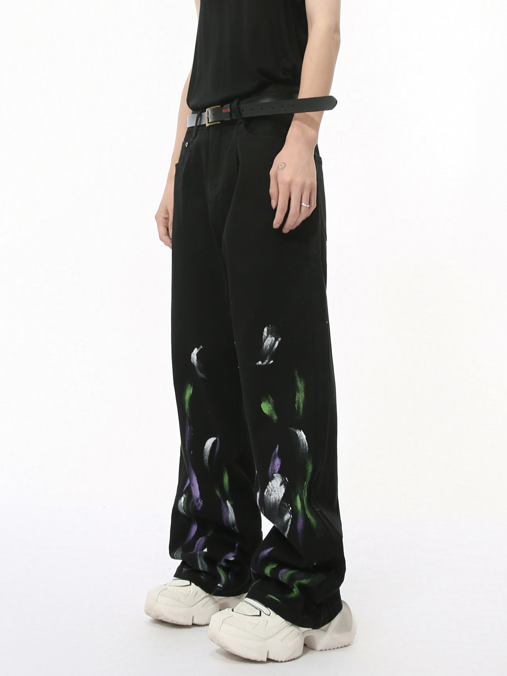 MTLCLOTHES Hombres| Nicho de otoño pintado graffiti color contraste sensación de diseño de algodón jeans de pierna ancha casuales