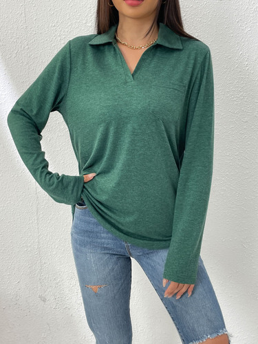 International Foreign Trade Amazon Independent Store Women's Spring and Autumn New Long Sleeve Simple Solid Color Collar Loose Pocket T-Shirt