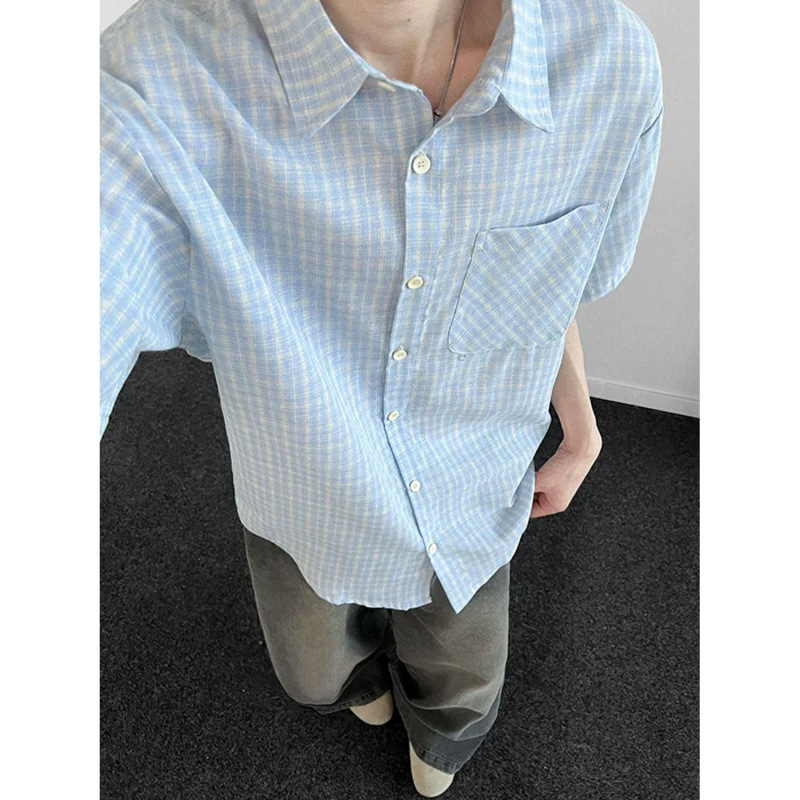 Herrenbekleidung Hellblaues kariertes Kurzarm-Arbeitshemd für Herren Locker geschnittener, trendiger Sommer-Cardigan Hochwertige Jacke_voghion.com