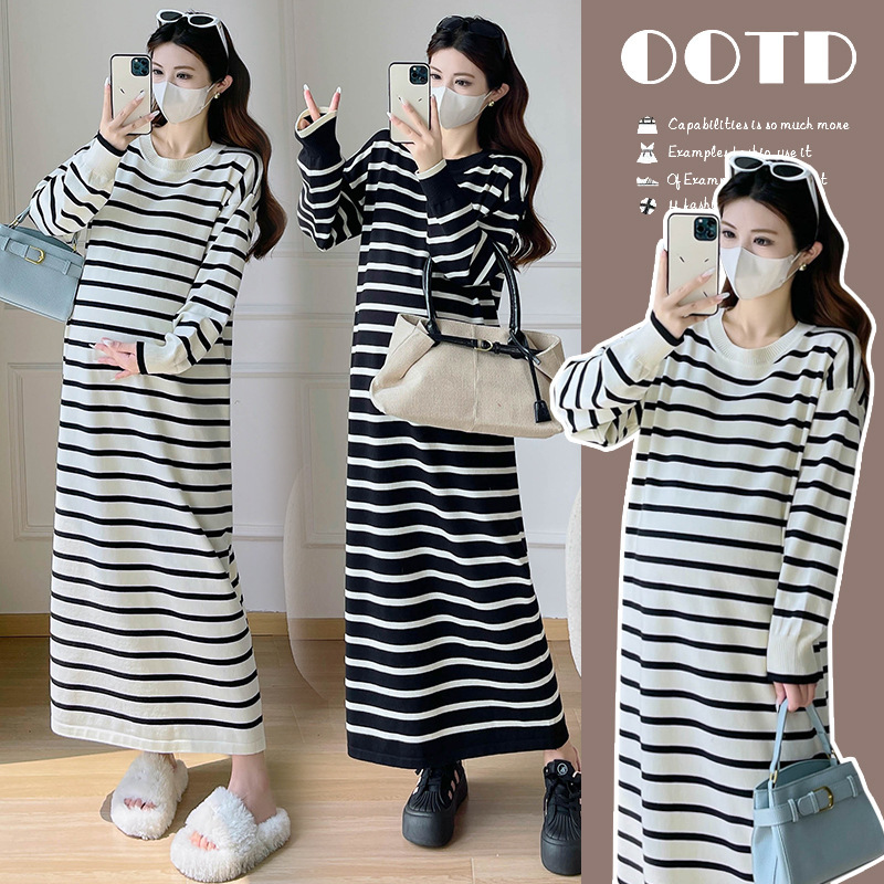 Real Shot Autumn and Winter All-Match Striped Maternity Bottoming Skirt Loose Knitted Sweater Maternity Wear Postpartum Nursing Skirt Real Shot Autumn and Winter All-Match Striped Maternity Bottoming Skirt Loose Knitted Sweater Maternity Wear Postpartum Nursing Skirt