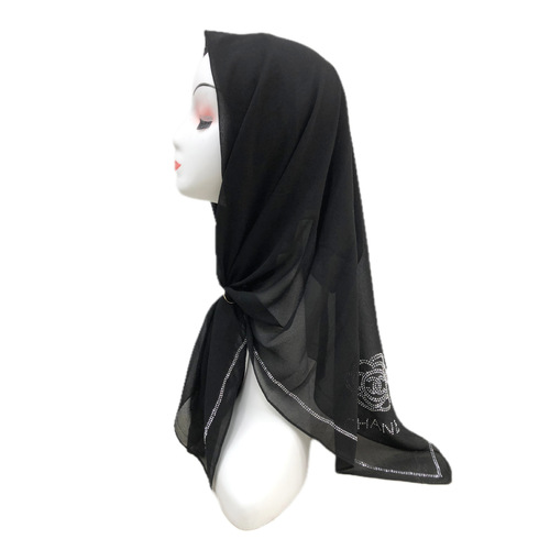 Special Black Chiffon Arab Middle Eastern Headscarf Malaysian Scarf Cross-border Headwrap Hui Muslim Women's New Rhinestone Headscarf