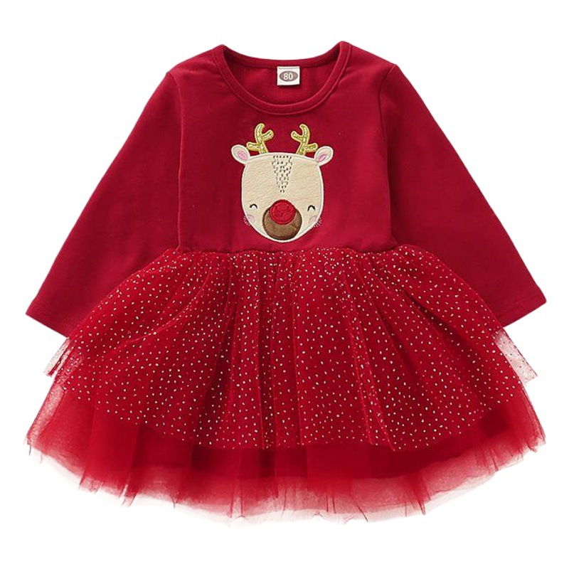 INS europeo y americano Comercio exterior Navidad bebé niña manga larga ELK impreso malla vestido reloj rendimiento