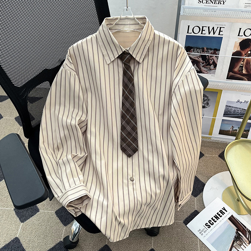 Japanese Basic Striped Long-Sleeve Shirt for Men, Niche High-End Korean Style, Loose College Style with Tie Shirt
