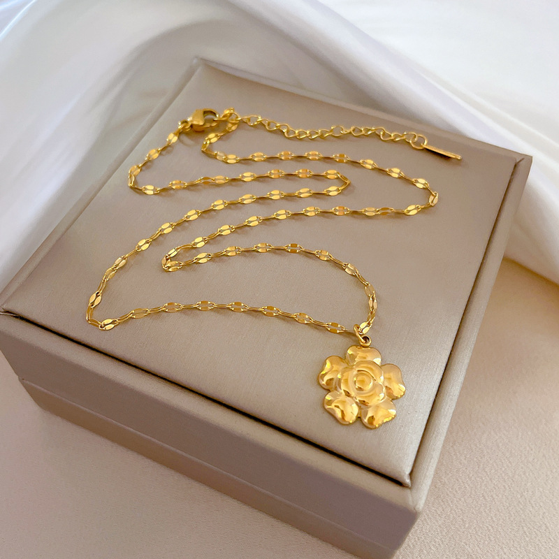Lady Flower Titanium Steel Gold Plated Pendant Necklace