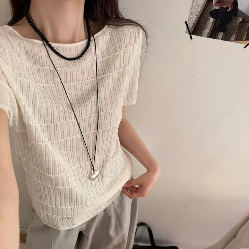 Rolled-Edge Off-Shoulder Short-Sleeve Knit Top for Women, Thin Style, 2026 Summer New Design, Ruched Slim-Fit T-Shirt Top