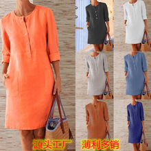 2020跨境春季新款亚马逊速卖通爆款大码女装 棉麻圆领长袖连衣裙