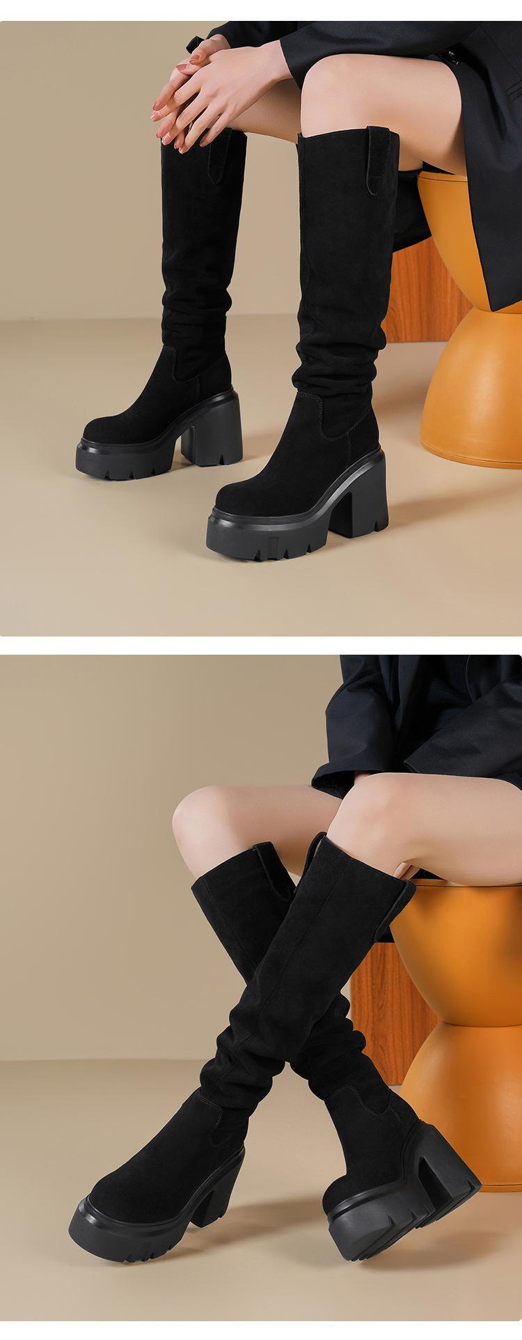Boot nữ cổ cao ôm bắp chân chất liệu da lộn, gót 12 cm, phong cách kỵ sĩ — Lót nhung đen chi tiết 4