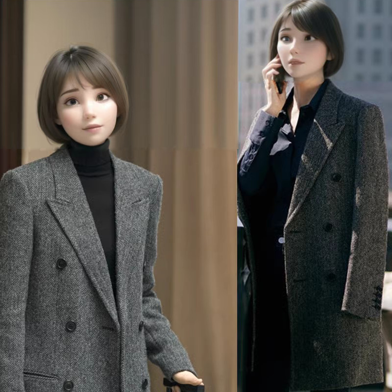 New Herringbone Double-Sided Coat for Small Shoulder Slim-Fit Slimming Mid-Long Wool Wool Cashmere Coat for Women