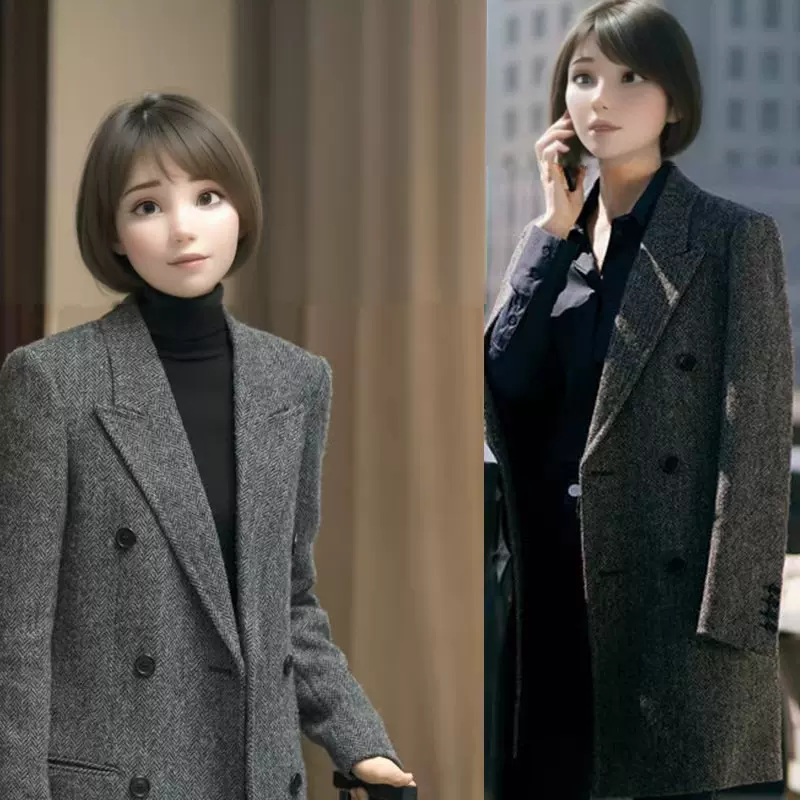 新版人字纹双面大衣小个子正肩修身显瘦中长款羊毛呢子羊绒外套女