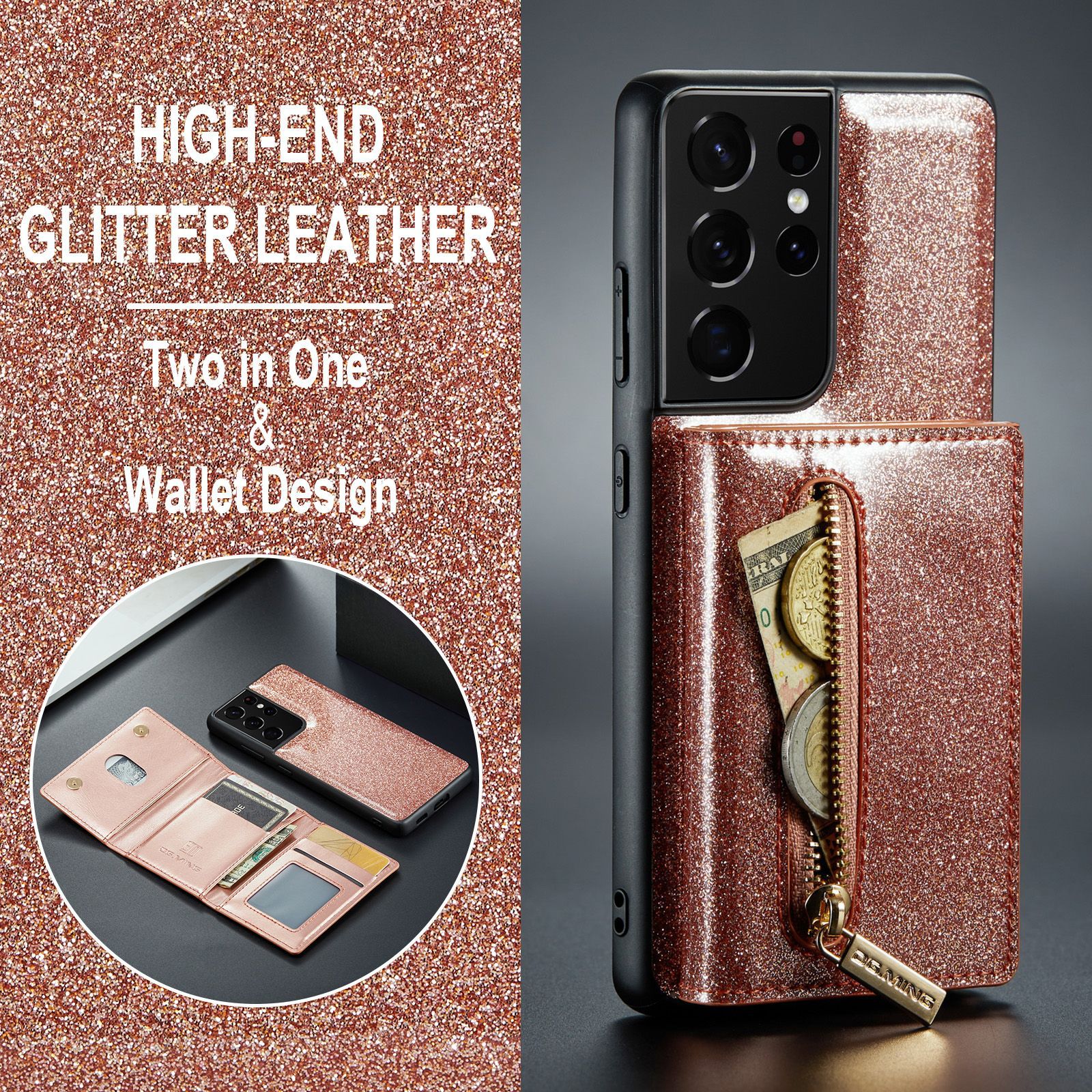 M3 per Samsung S21 Ultra 2 in 1 custodia in pelle glitterata con ventosa magnetica custodia per telefono diviso custodia protettiva portafoglio S21_voghion.com