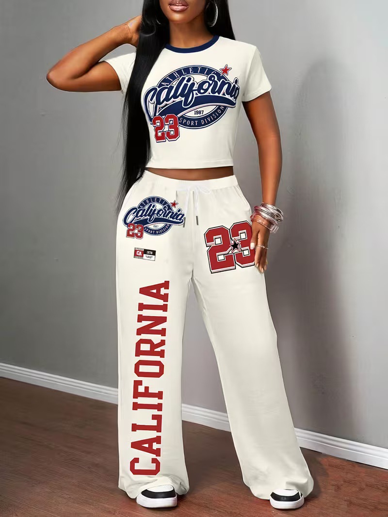 Y2K Women's Two Piece Set Style Digital Print Short T-Shirt Wide Leg Trousers Spring Summer Sexy_ecoleips.com