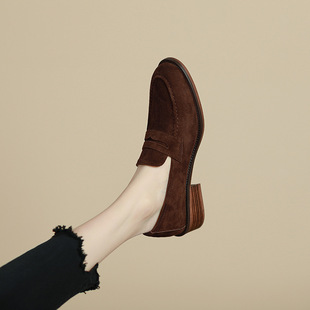 Sheepskin spring/Autumn 2023 retro style single-layer shoes women's shoes low heel loafers black brown slip-on loafers