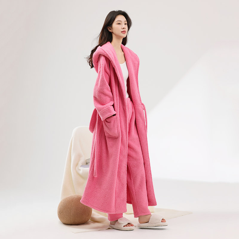 Half Velvet Pajamas for Women in Autumn and Winter New Style Extended and Thickeneded Nightgown Coral Velvet Dressing Gown Spring & Fall Bathrobe Home Clothes