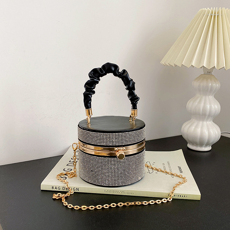 Cross-Border Women's Bags New Trendy Simple Mini Rhinestone Fashion Bucket Bag Versatile Pleated Chain Shoulder Crossbody Bag
