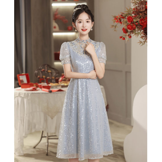 Sky Blue Bride Toast Dress 2024 New New Chinese Sequin Bubble Sleeve Wedding Appreciation Dress Wholesale