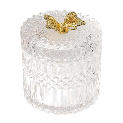 ins retro French embossed glass storage jar desktop decoration ornaments makeup cotton swab jar storage box with lid