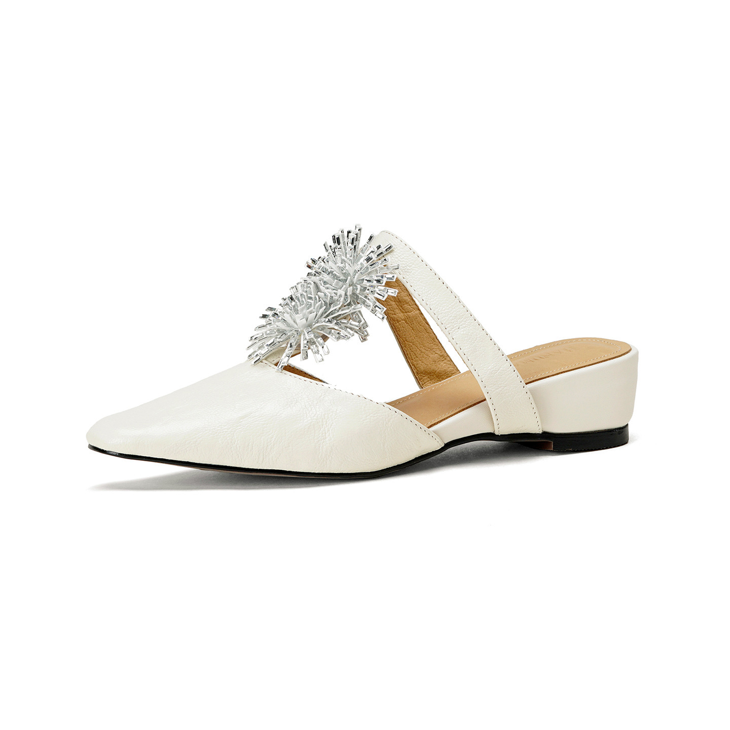 Dép sandal nữ xỏ ngón đế bệt mũi nhọn đính đá pháo hoa họa tiết hoa — Màu caramel cừu lật chi tiết 22