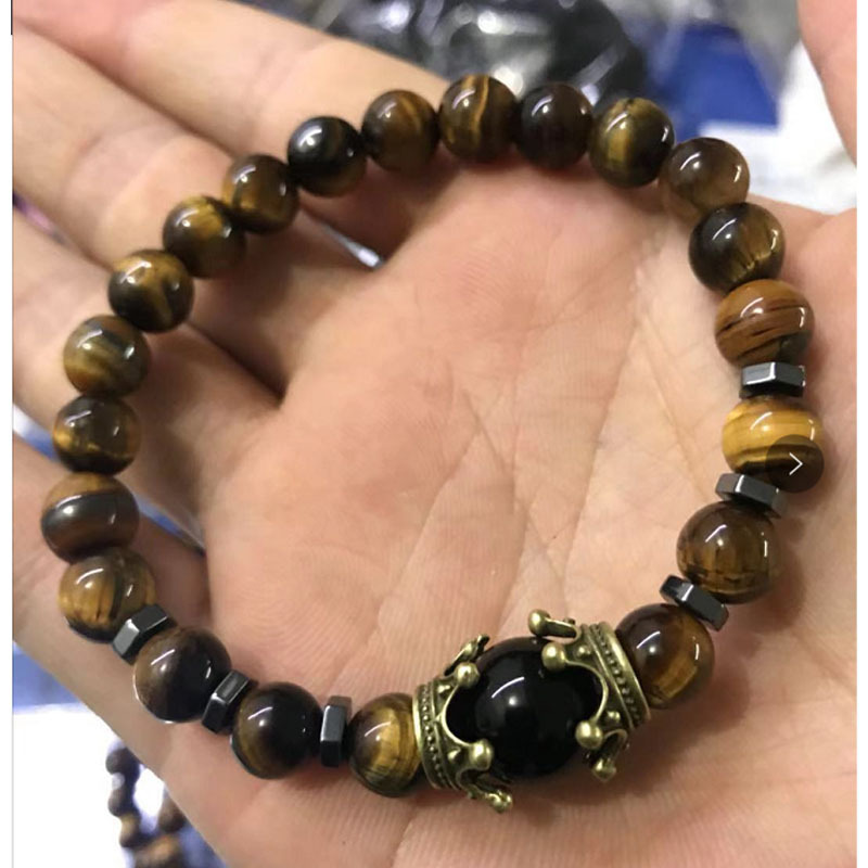 跨境新款男士手链时尚奢华合金皇冠虎眼石珠子弹力手串厂家批发|undefined
