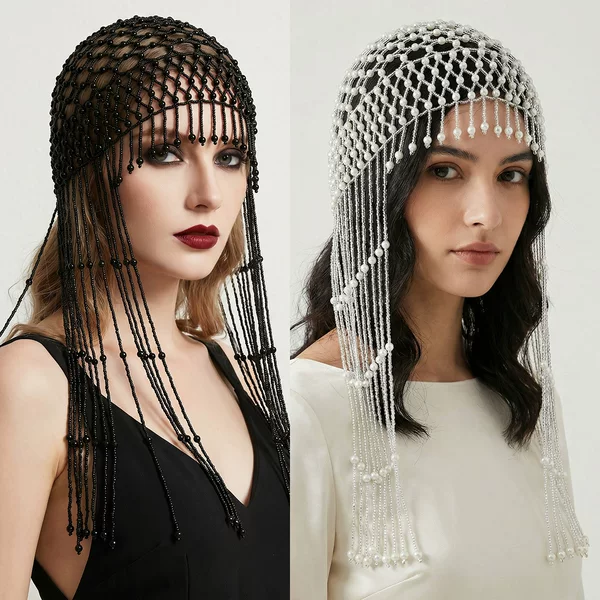 Cross-Border Popular Mesh Pearl Hair Chain Versatile Atmospheric Long Tassel Beaded Hat Fashion Bridal Headpiece