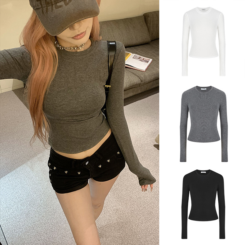 Cross-Border Southeast Asian Hot Girl Pinch Waist Right Shoulder Short T-Shirt Long-Sleeved Women's Round Neck Slim Slimming Look Top 62220