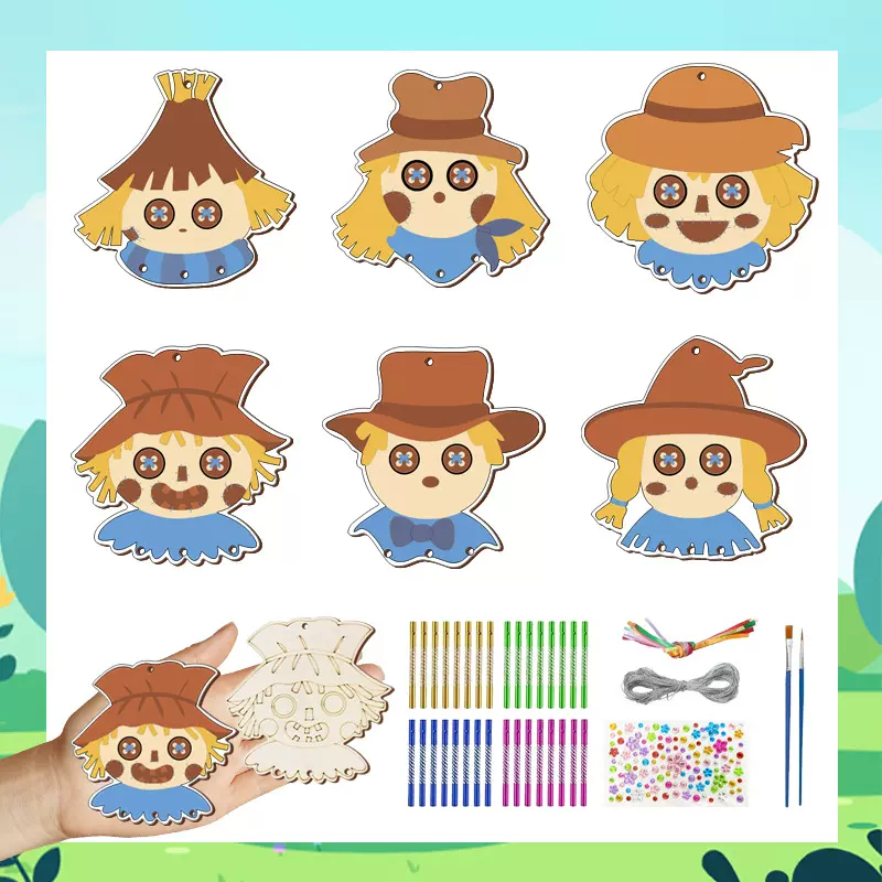 秋季稻草人木质风铃感恩节稻草人木质装饰挂饰带绳用于感恩节派对