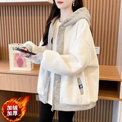カジュアルな百合秋冬のベルベットの厚手の色合わせのフード付きコート
