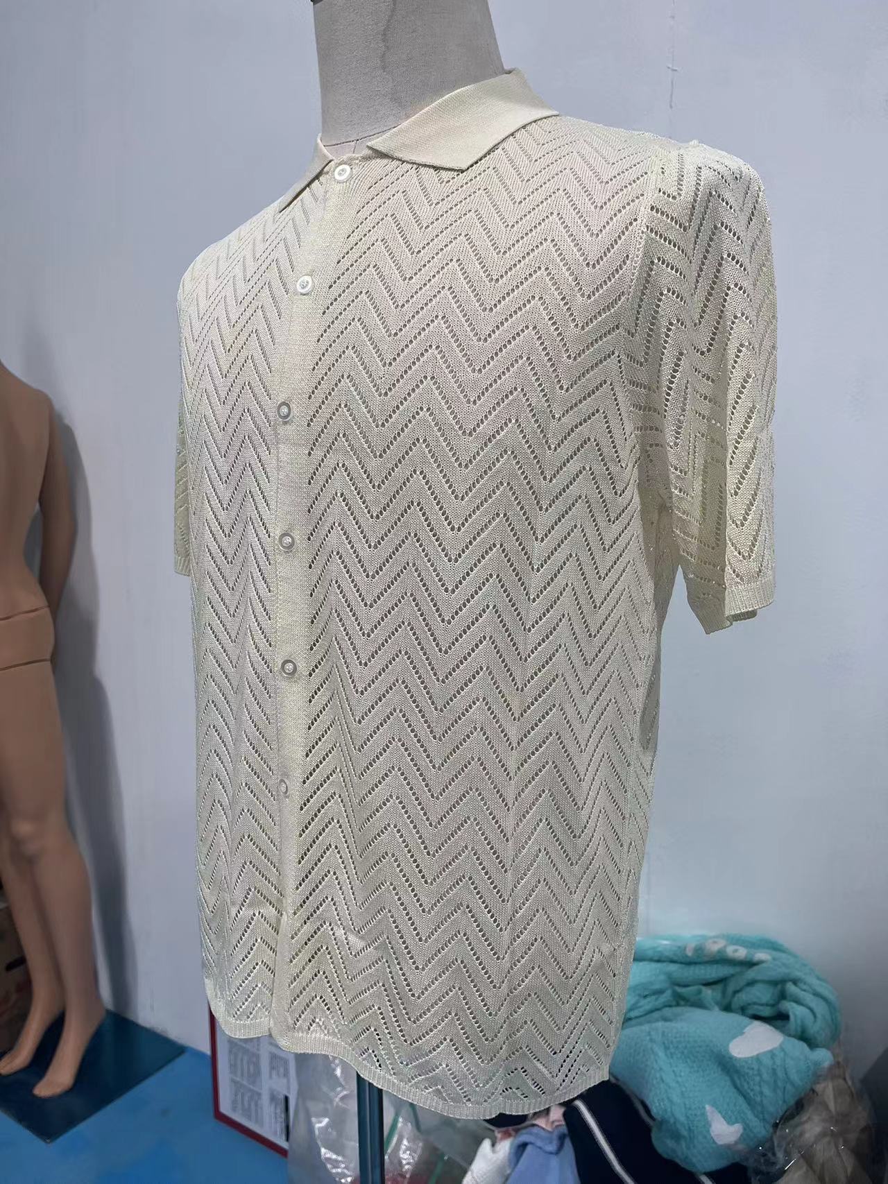 Summer New European And American Casual Knitted Short-sleeve Shirt, Cardigan, Solid Color Hollow Top Men's Clothing_voghion.com