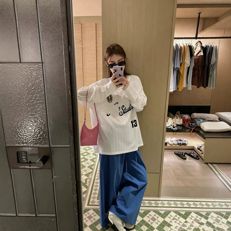 Ac Heart Lace Logo Letter Print Color-Blocked Jersey Long-Sleeve T-Shirt Loose Retro Unisex Top