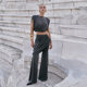 European and American style 2024 autumn and winter new women's personalized pleated round neck T-shirt solid color irregular micro-pants suit