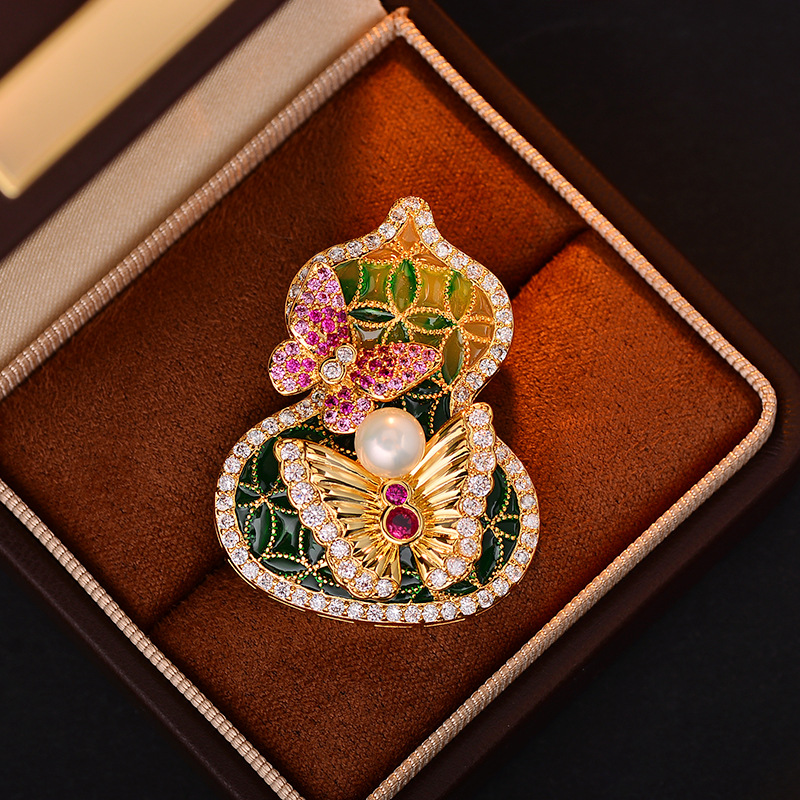 Traditional Chinese-style gourd and butterfly brooch, featuring openwork enamel and freshwater pearls, suitable as a pin or accessory for suits and coats