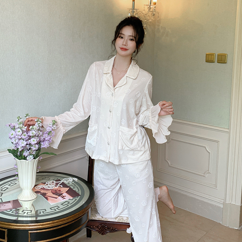 法式睡衣套装新品丝绒衬衫睡衣女长袖喇叭袖薄绒宽松可外穿家居服|undefined