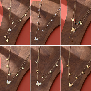 Cross-border non-fading double-layer butterfly pearl necklace Yiwu stainless steel light luxury small new Chinese jewelry manufacturers