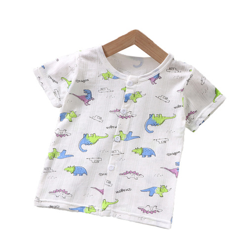 Children's Summer Short Sleeve Open Front Top for Boys and Girls, Thin T-shirt for Infants and Toddlers, Air-conditioned Room Single Sleepwear for 1-5 Years Old