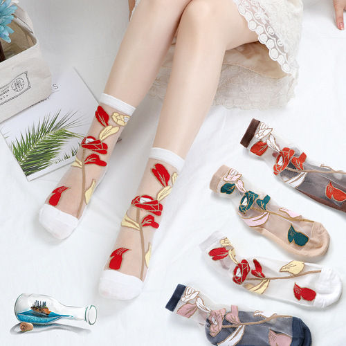Socks for women, cotton bottom, crystal silk lace, breathable, non-slip, Korean version with flowers, transparent sweat-absorbent women's mid-calf stockings