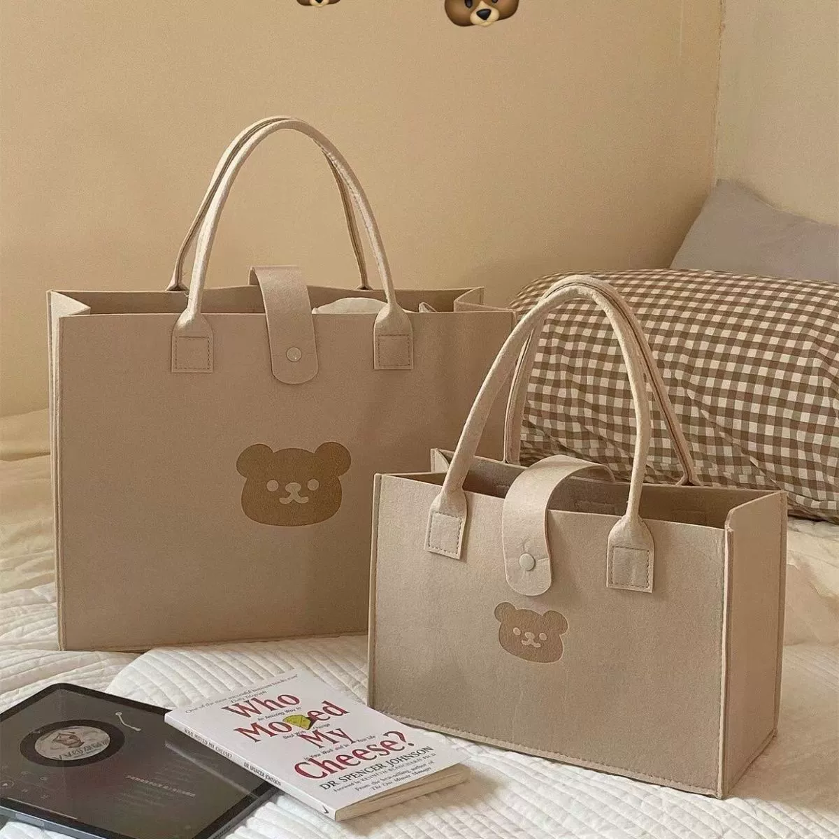 Handheld organizer tote bag, thickened construction, bear motif, sizes 20×15×9–40×30×13 cm