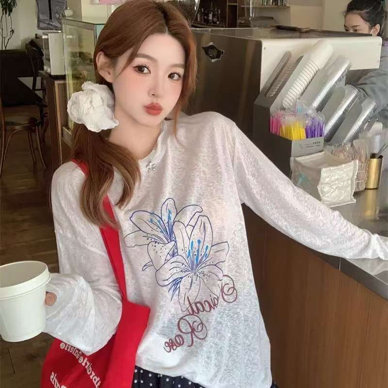 Bamboo Ribbed 2026 Summer Thin Semi-Transparent T-Shirt Cover-Up for Women with Lily Print, Ins Style Long-Sleeve Loose Fit Top for Women Bamboo Ribbed 2026 Summer Thin Semi-Transparent T-Shirt Cover-Up for Women with Lily Print, Ins Style Long-Sleeve Loose Fit Top for Women