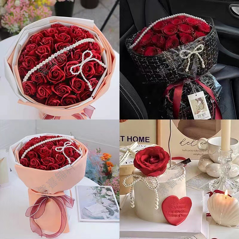 小香风仿真珍珠链条花束珍珠链条蝴蝶结装饰蛋糕百搭配件鲜花材料