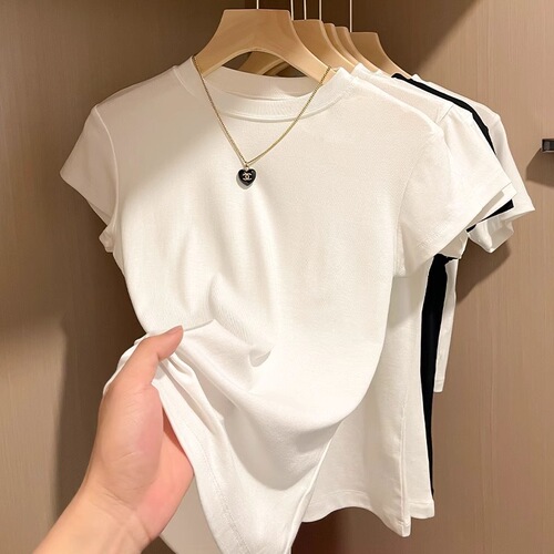 Fashion Casual Shoulder Short Sleeve T-Shirt Women Summer White Commuting Versatile Simple Slimming Round Neck Top Women 