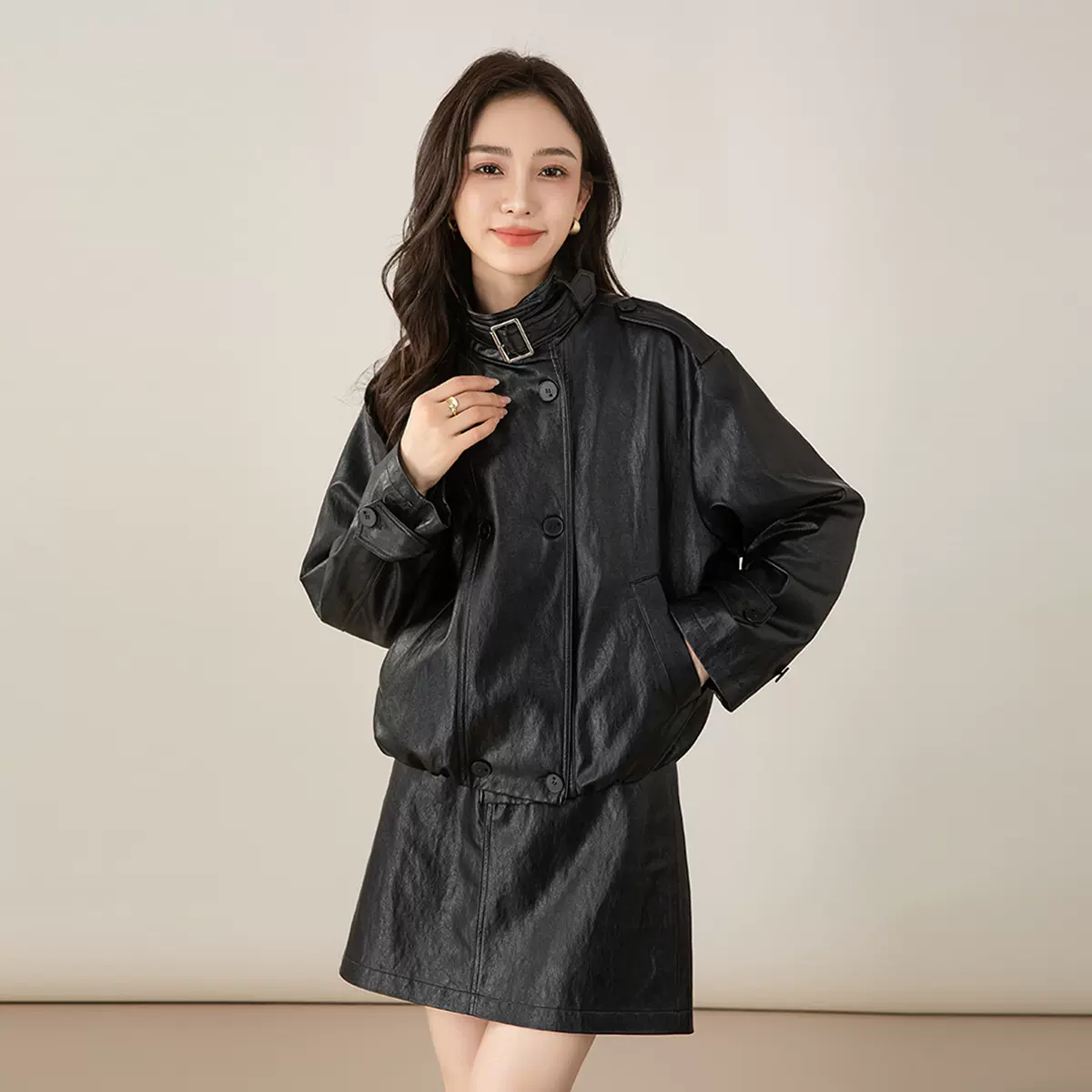 鑫阁油蜡感黑色皮衣外套女立领系带柔软短款休闲夹克皮衣外套秋女