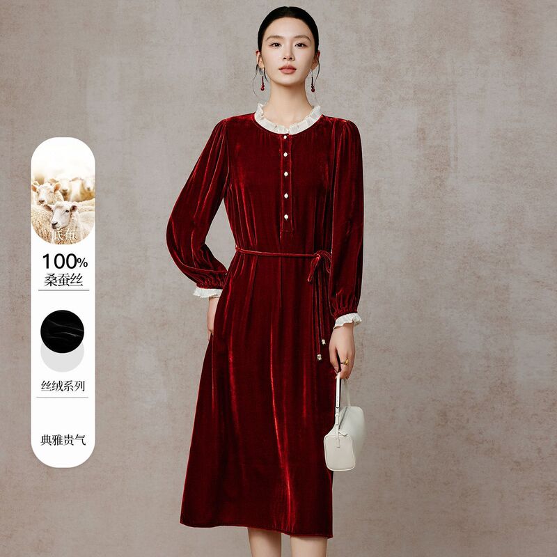 5615 Dropshipping [100% Mulberry Silk] New Chinese Style Silk Velvet Dress for Women, Waist-Cinching, Tie-Waist, Mid-Length Dress