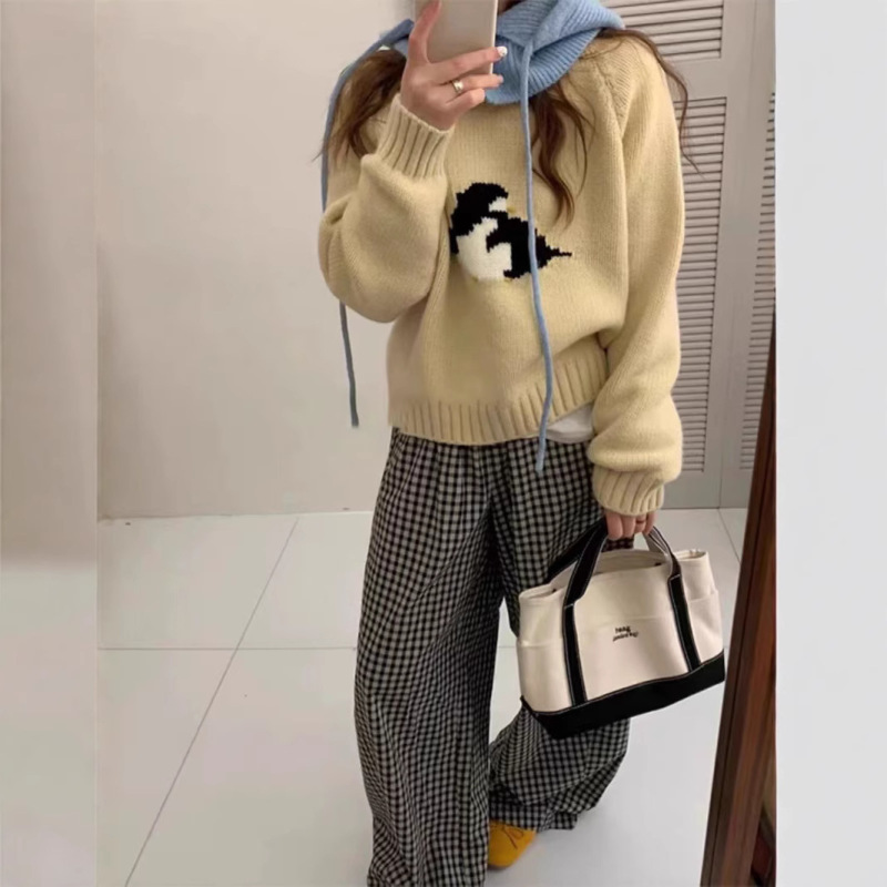 Korean Style Lazy Style Cartoon Penguin Pullover Knitwear for Women in Autumn and Winter Loose Outer Wear Foreign Style Age-Reducing Knitted Knitwear Top for Women
